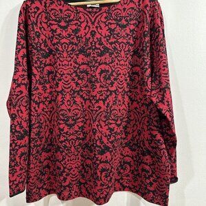 J.Jill Embellished Red Black Brocade Print Holiday Party Christmas Sweater SZ XL
